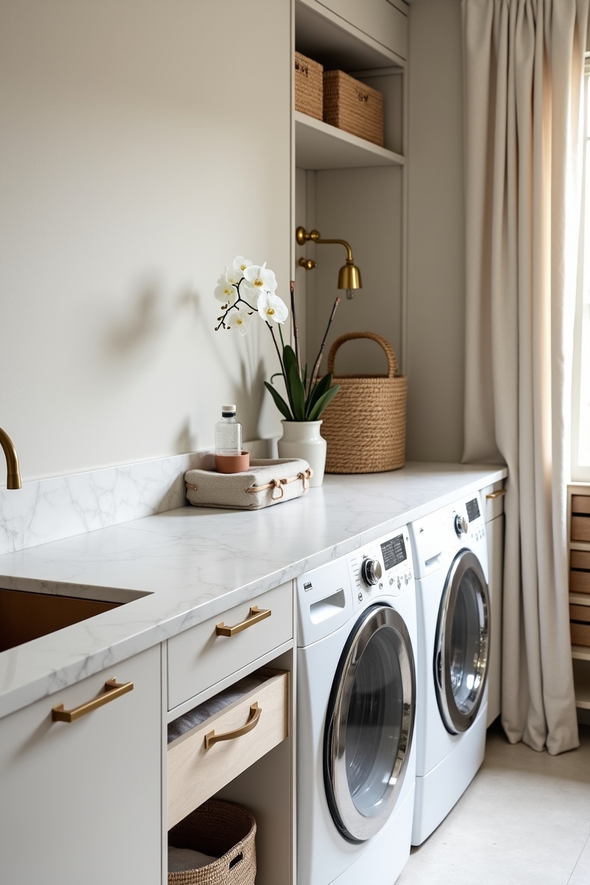 soft luxury laundry room layout ideas — front-loading washer and dryer topped by a single porcelain countertop featuring continuous pale veined porcelain countertop