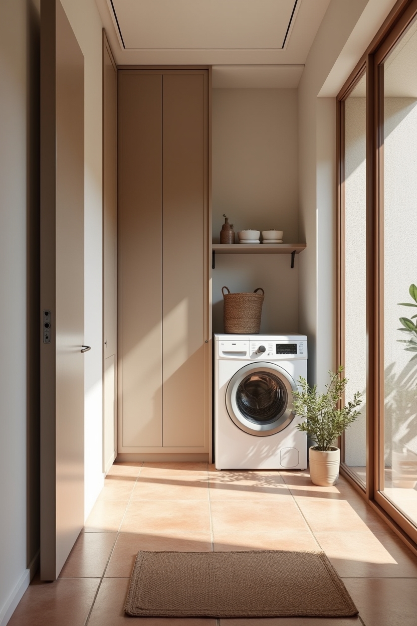 soft luxury laundry room layout ideas — expanse of hand-finished terracotta-look tile across the laundry floor featuring washed terracotta-look floor tiles
