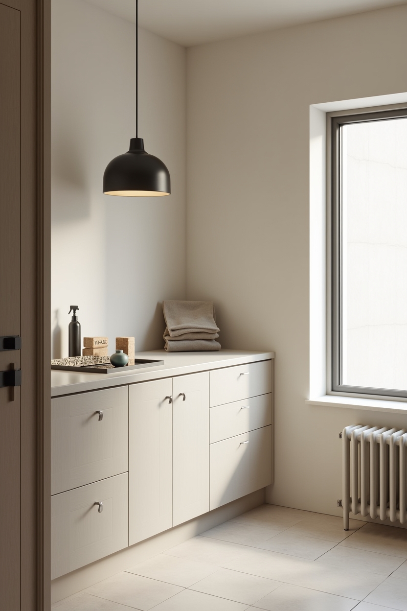 soft luxury laundry room layout ideas — frosted-glass pendant suspended above a minimalist folding counter featuring single oversized frosted-glass sculptural pendant
