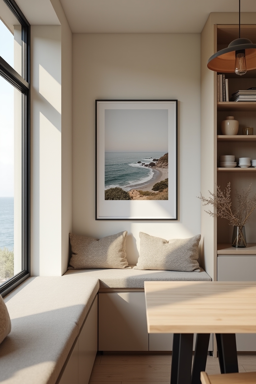 single oversized coastal art print in thin black metal frame home decor