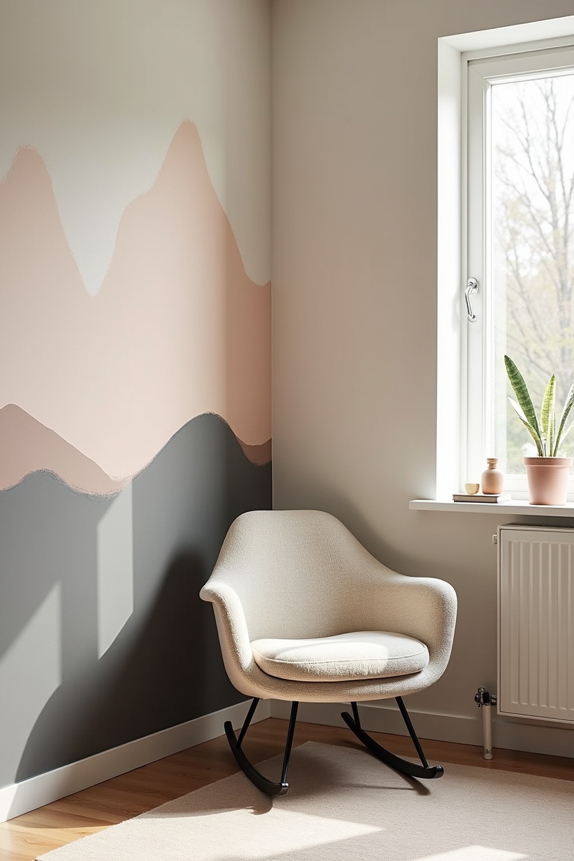 charred wood luxury nursery decor — oatmeal boucle rocker featuring soft charcoal-to-clay ombré wall mural