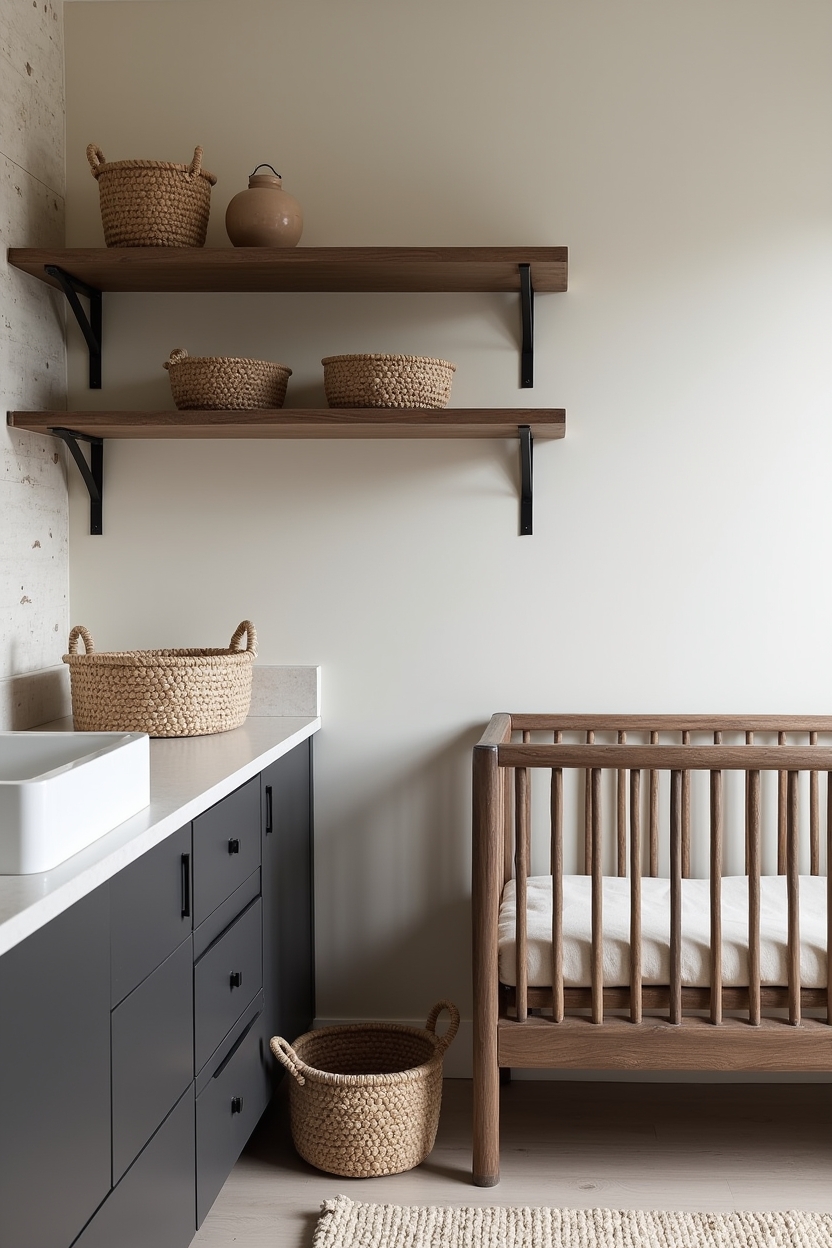 charred wood luxury nursery decor — shou sugi ban mini-crib featuring charred shou sugi ban wood finishes on furniture and shelving