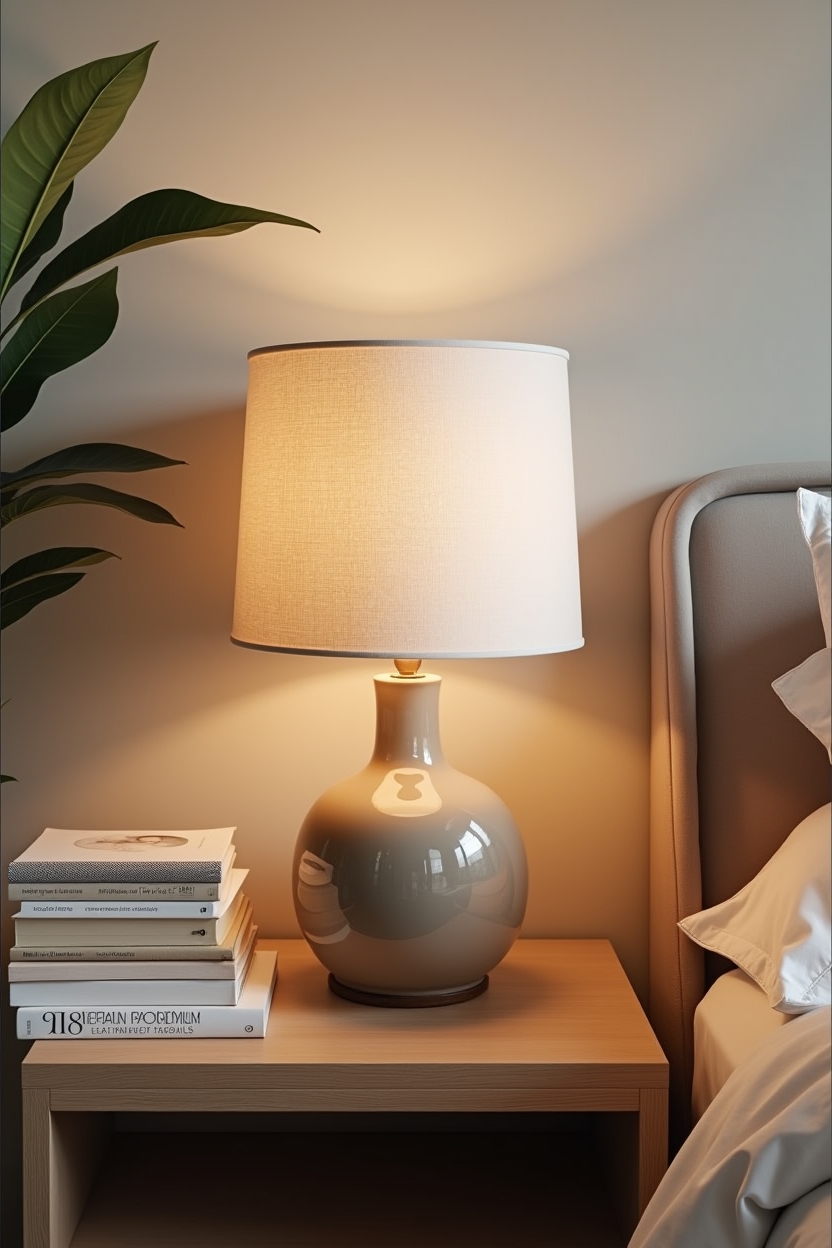 hand-glazed ceramic bedside lamp with linen shade home decor