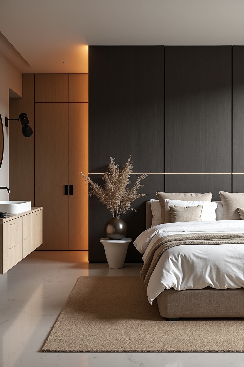 horizontal shou sugi ban charred wood accent wall behind the bed home decor