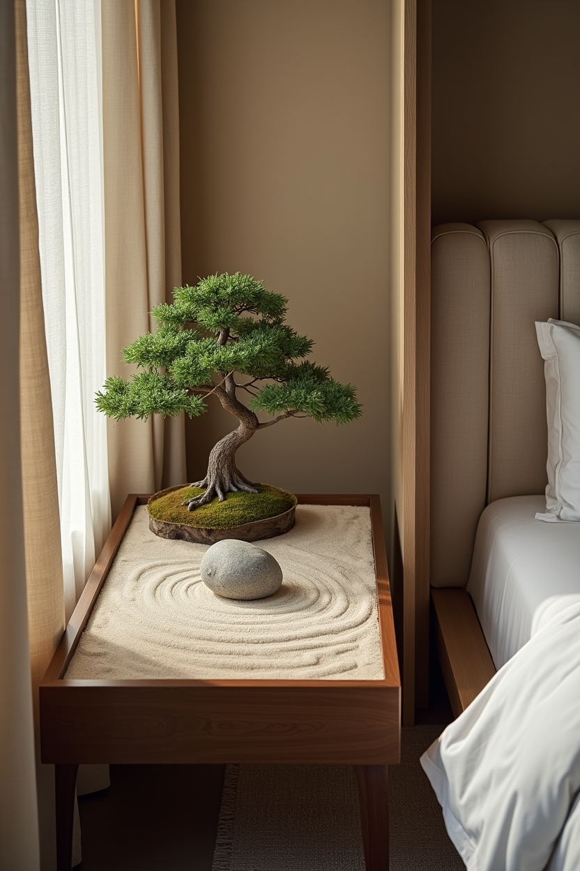 mini indoor rock garden with raked sand tray and bonsai home decor