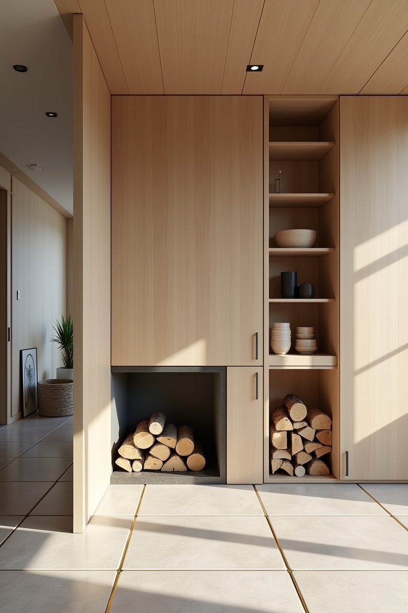 built-in tansu niche for firewood home decor