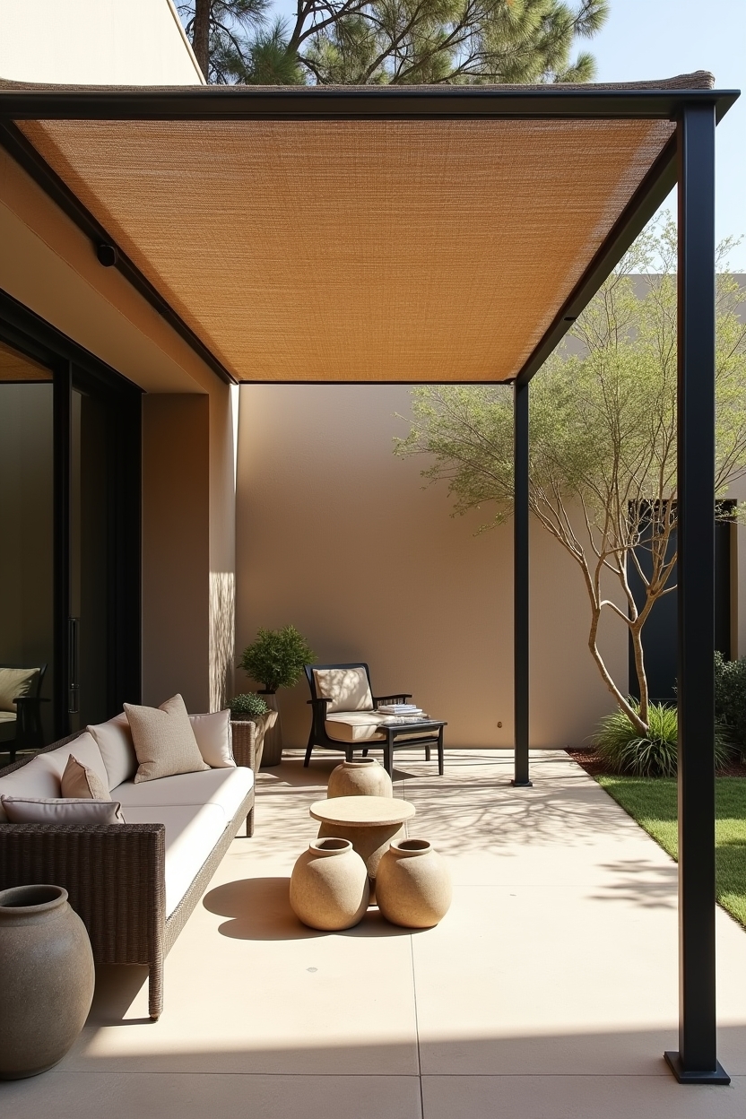 blackened steel pergola with retractable woven bamboo shades casting layered shadows home decor