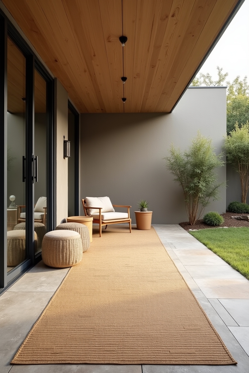 layered tatami-style outdoor flatweave atop a waterproof sisal runner defining the porch zone home decor