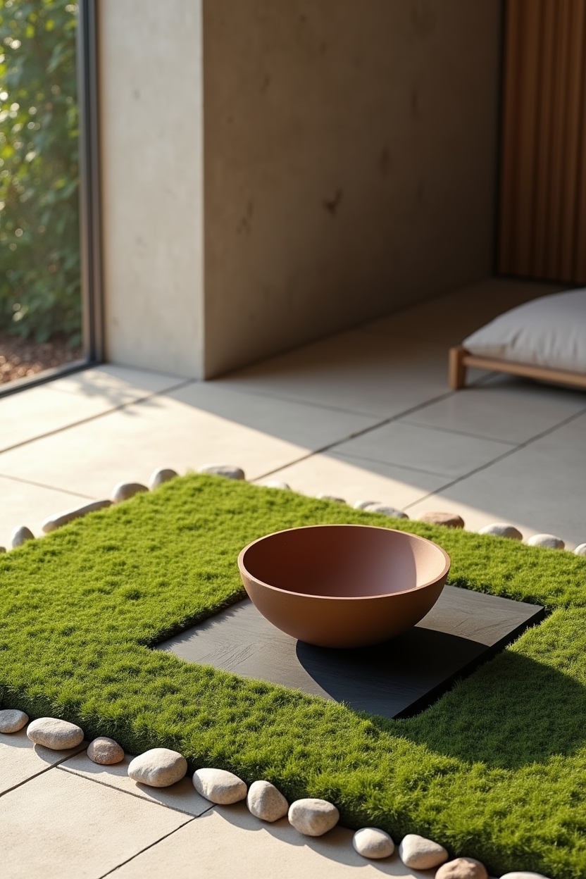 raked moss-and-pebble meditation mat edged with smooth river stones home decor