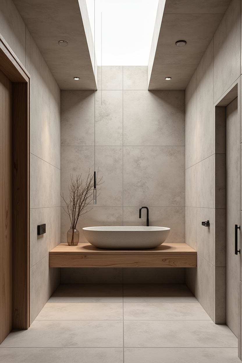 stone-textured freestanding soaking basin on reclaimed teak stand home decor