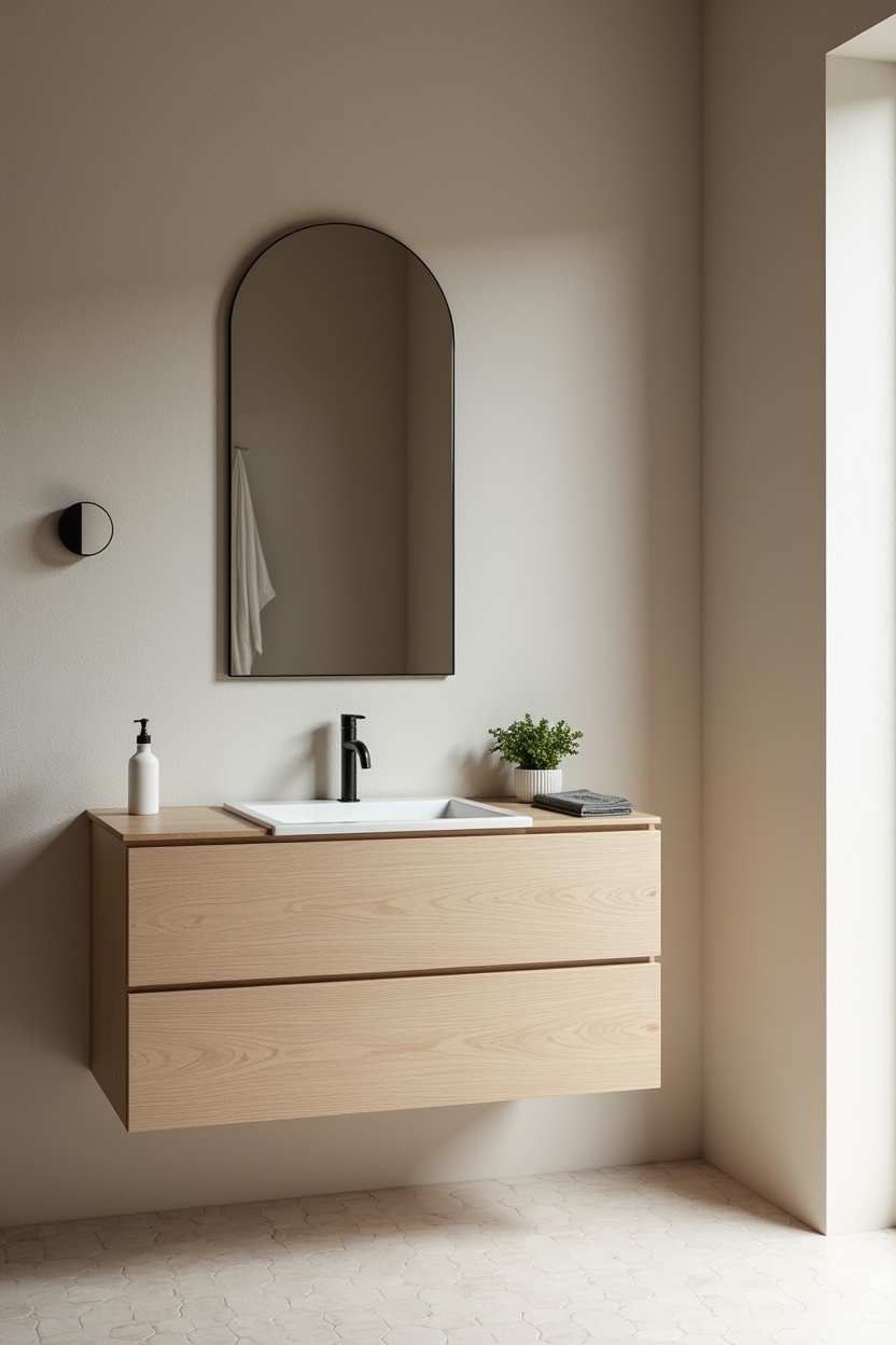 raw-ash floating vanity with integrated tray home decor