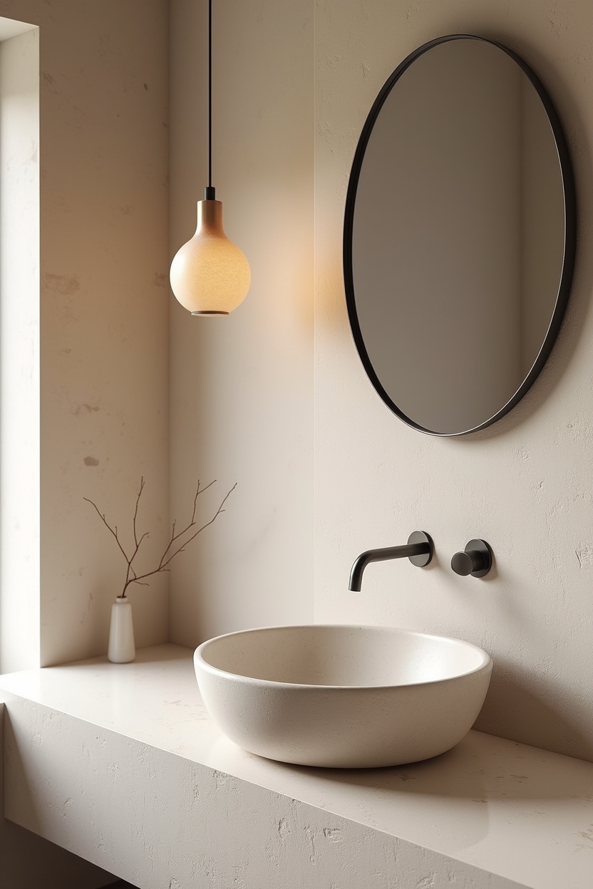 curved rice-paper pendant over neutral terrazzo sink home decor