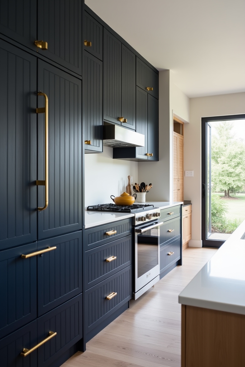 floor-to-ceiling deep navy high-gloss lacquer cabinets with vertical fluted doors home decor