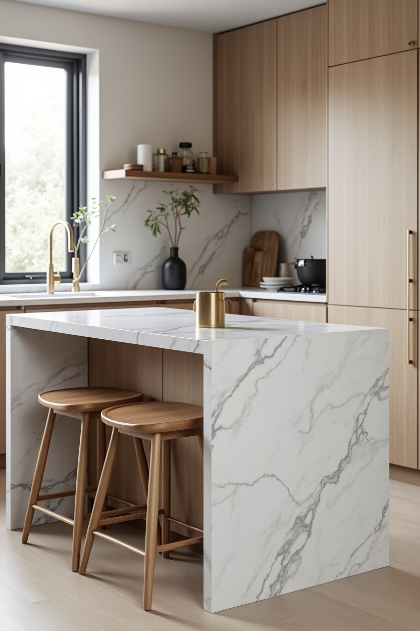 slim bookmatched Calacatta marble waterfall mini-island home decor