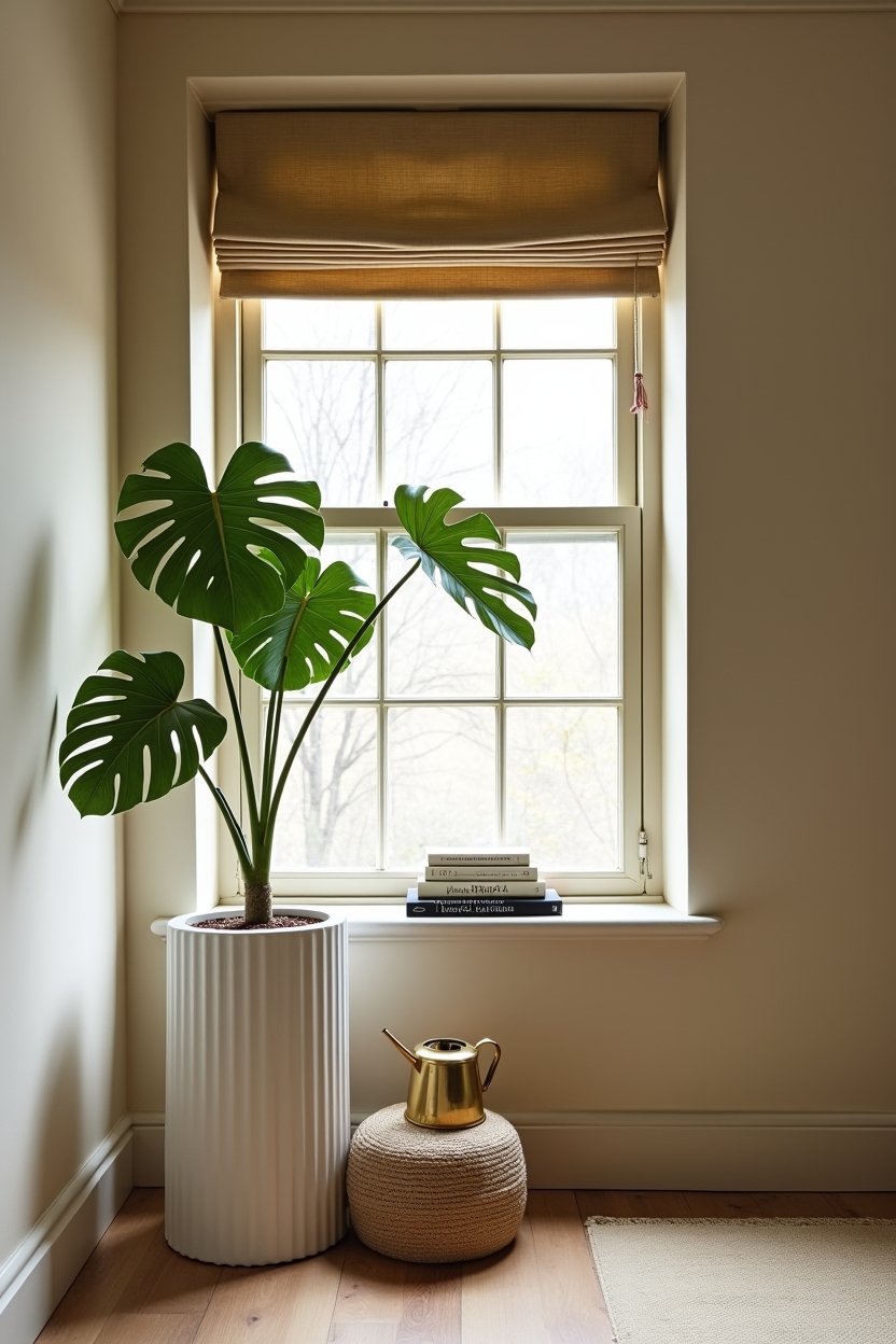 pedestal plant-stand styling with variegated monstera home decor