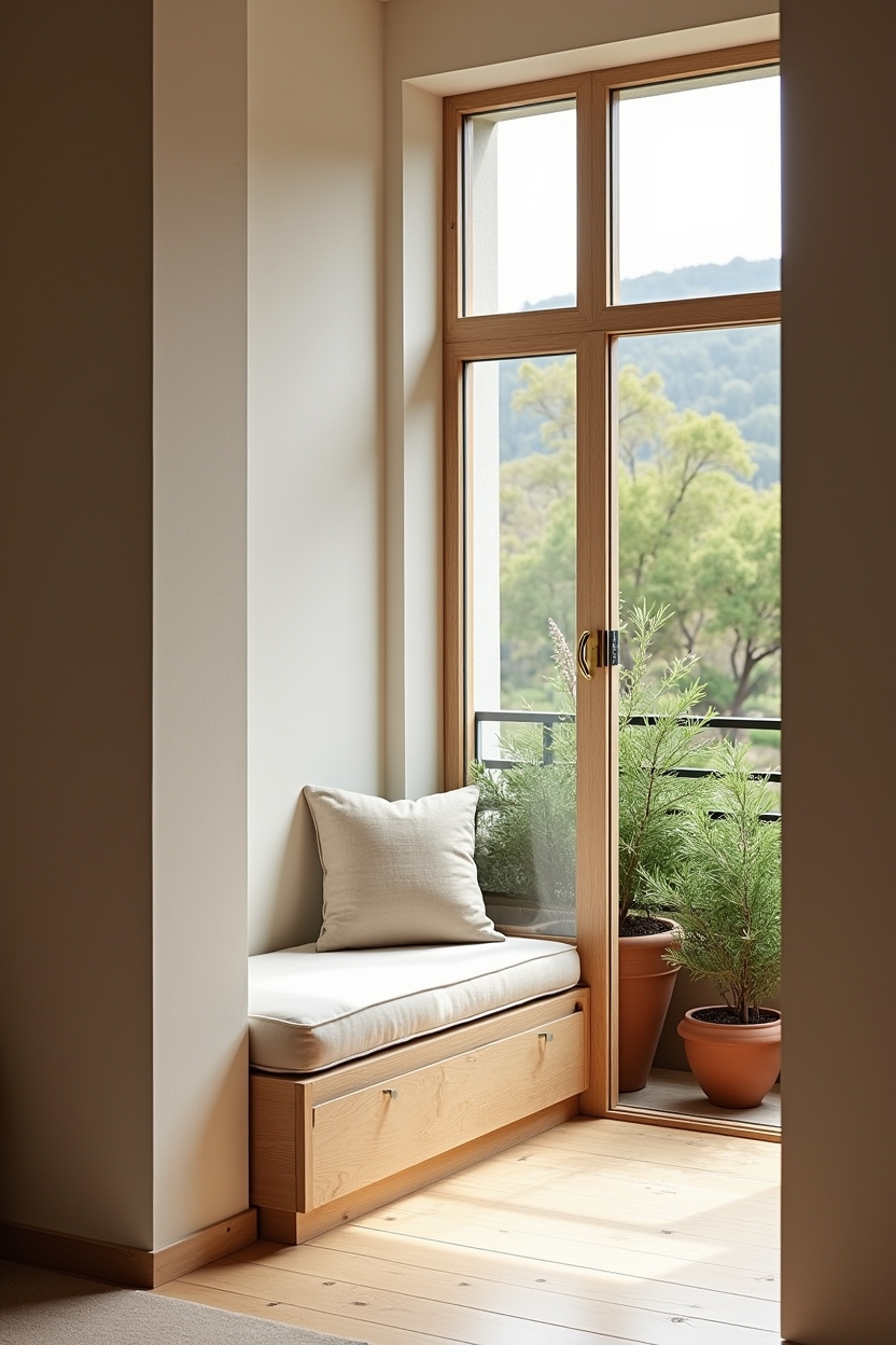 soft luxury restorative wellness room ideas — terracotta pots with trailing jasmine or compact citrus featuring three-pane foldaway window seat opening onto a planted micro-garden