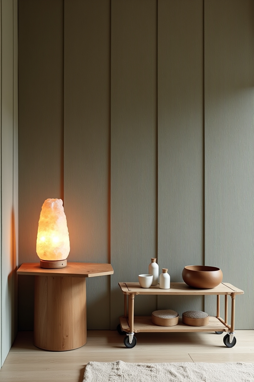 soft luxury restorative wellness room ideas — glowing Himalayan salt lamp on reclaimed wood side table featuring vertical corduroy acoustic wall panels in muted sage