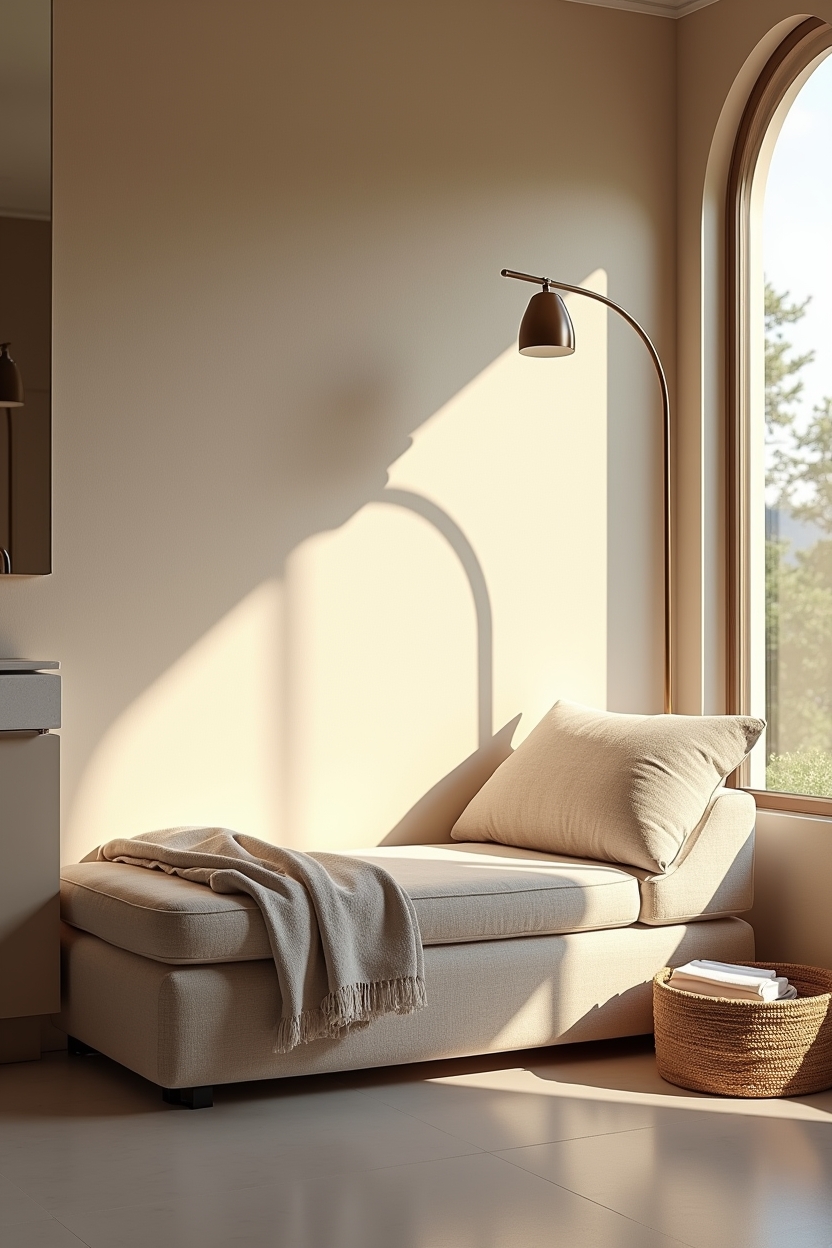 soft luxury restorative wellness room ideas — tall arched brass floor lamp featuring rounded bouclé daybed with linen bolster
