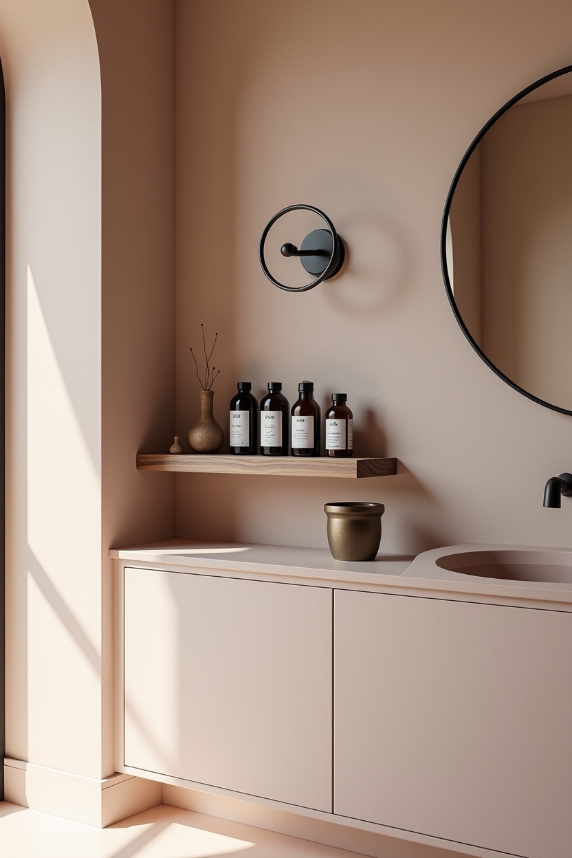 soft luxury restorative wellness room ideas — group of labeled glass apothecary bottles featuring slim walnut apothecary shelf with labeled glass bottles