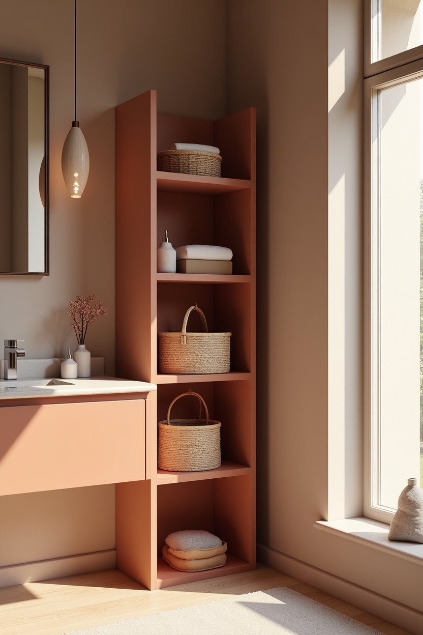 clay-toned asymmetrical modular ladder shelf with staggered cubbies home decor