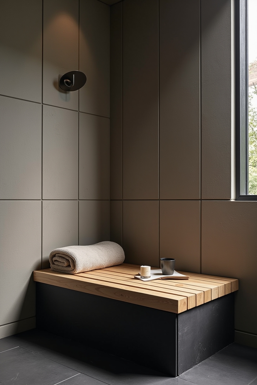 compact oak slatted steam bench over black slate base home decor