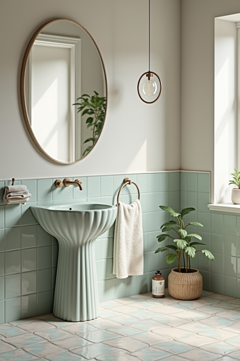 fluted ceramic pedestal sink in pale sage home decor