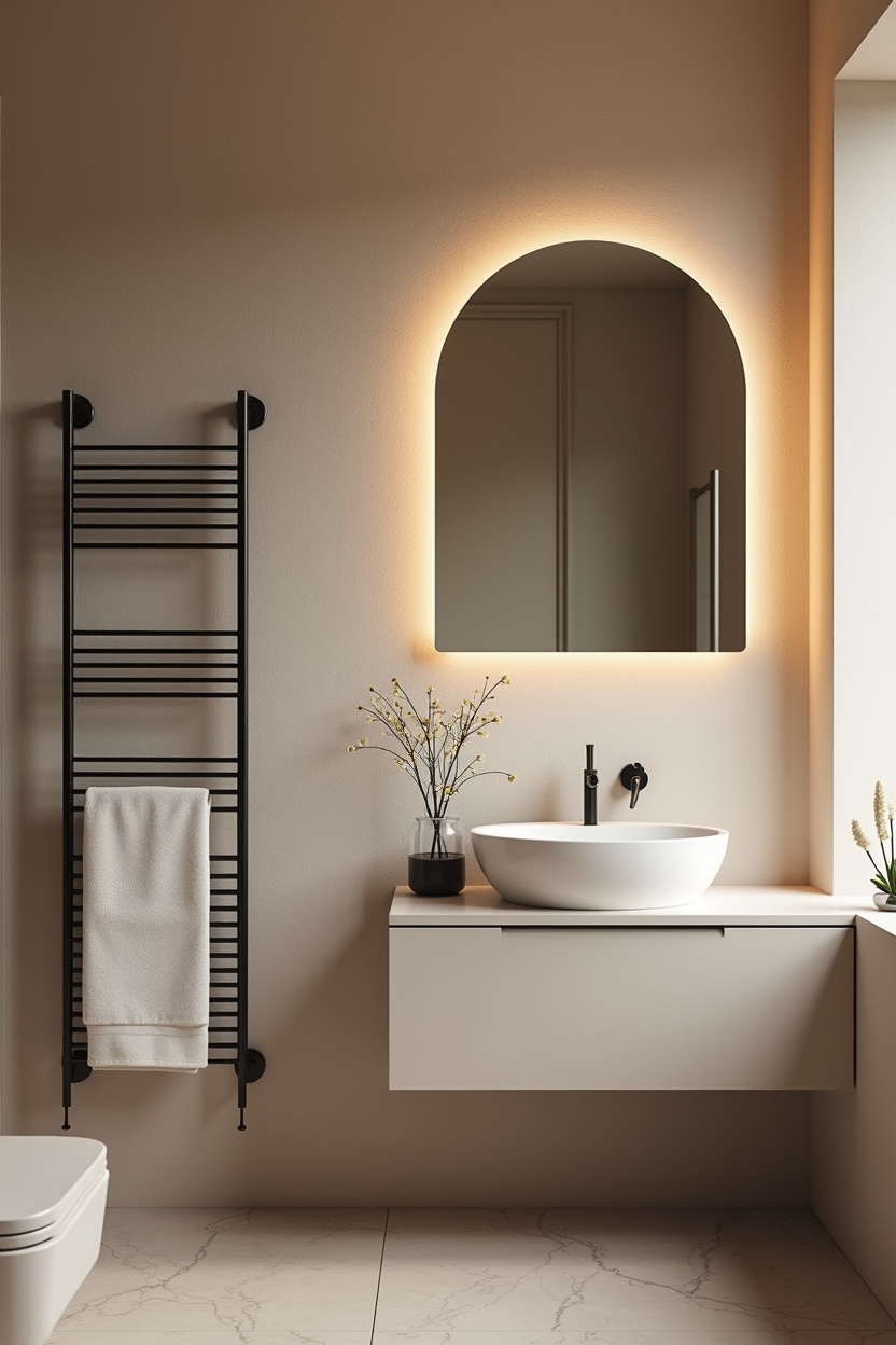 oversized arched frameless mirror with warm integrated LED halo home decor