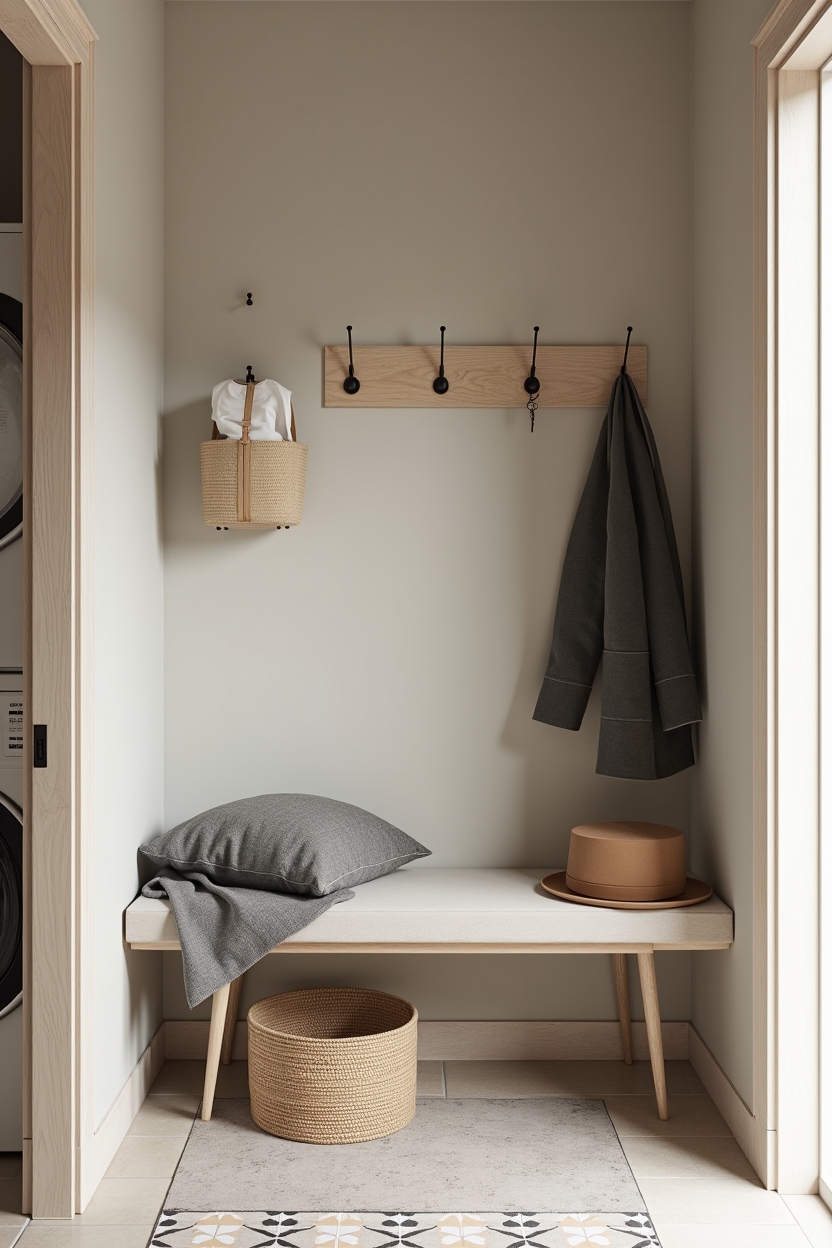 quartzite narrow laundry room ideas — quartzite drop ledge at laundry entry with five-hook rail above featuring mini mudroom drop-zone layout