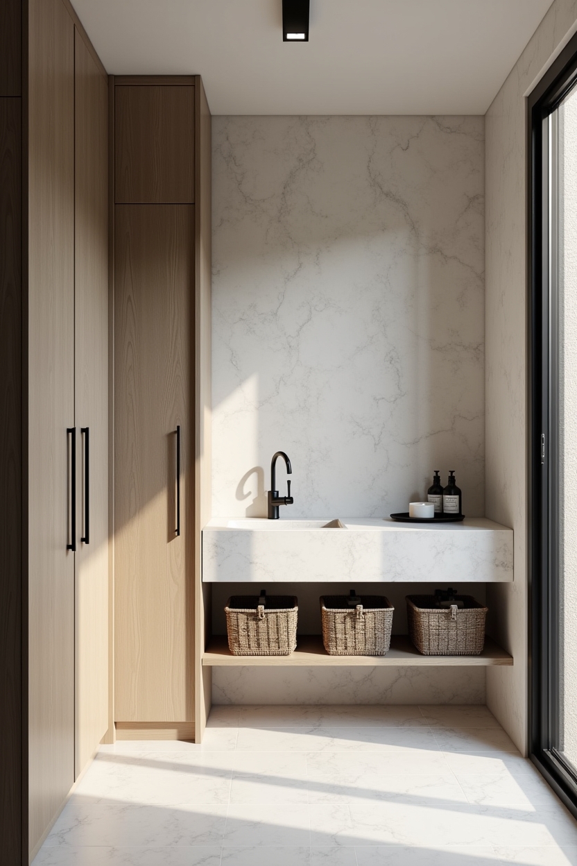 quartzite narrow laundry room ideas — quartzite sliding panel staged half-open featuring matte black fixtures and hardware
