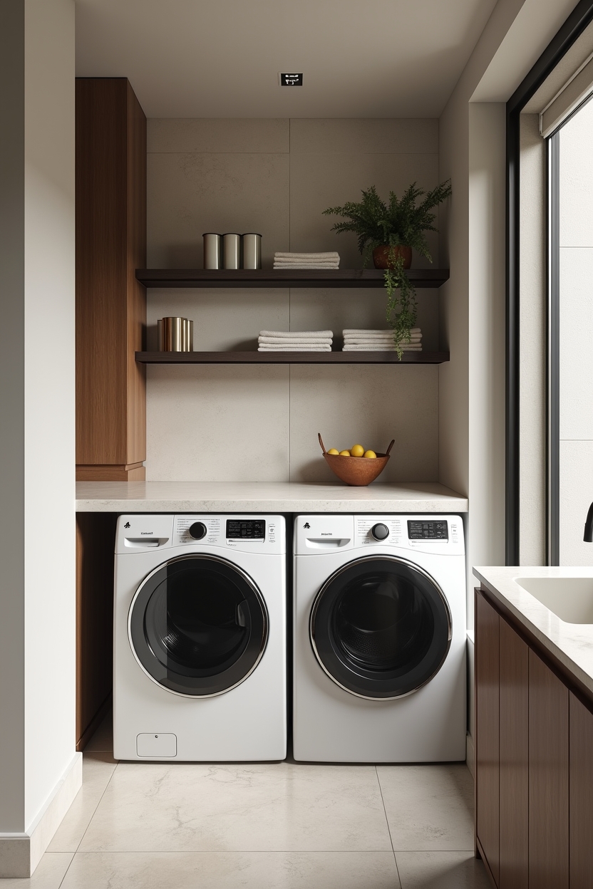 quartzite narrow laundry room ideas — slim quartzite fold-down counter above front-load machines featuring fold-flat quartzite folding counter