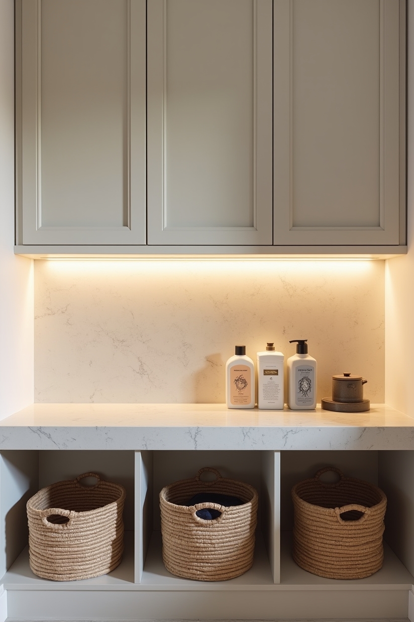 quartzite narrow laundry room ideas — recessed backlit quartzite ledge with three glass detergent bottles featuring backlit recessed quartzite ledge