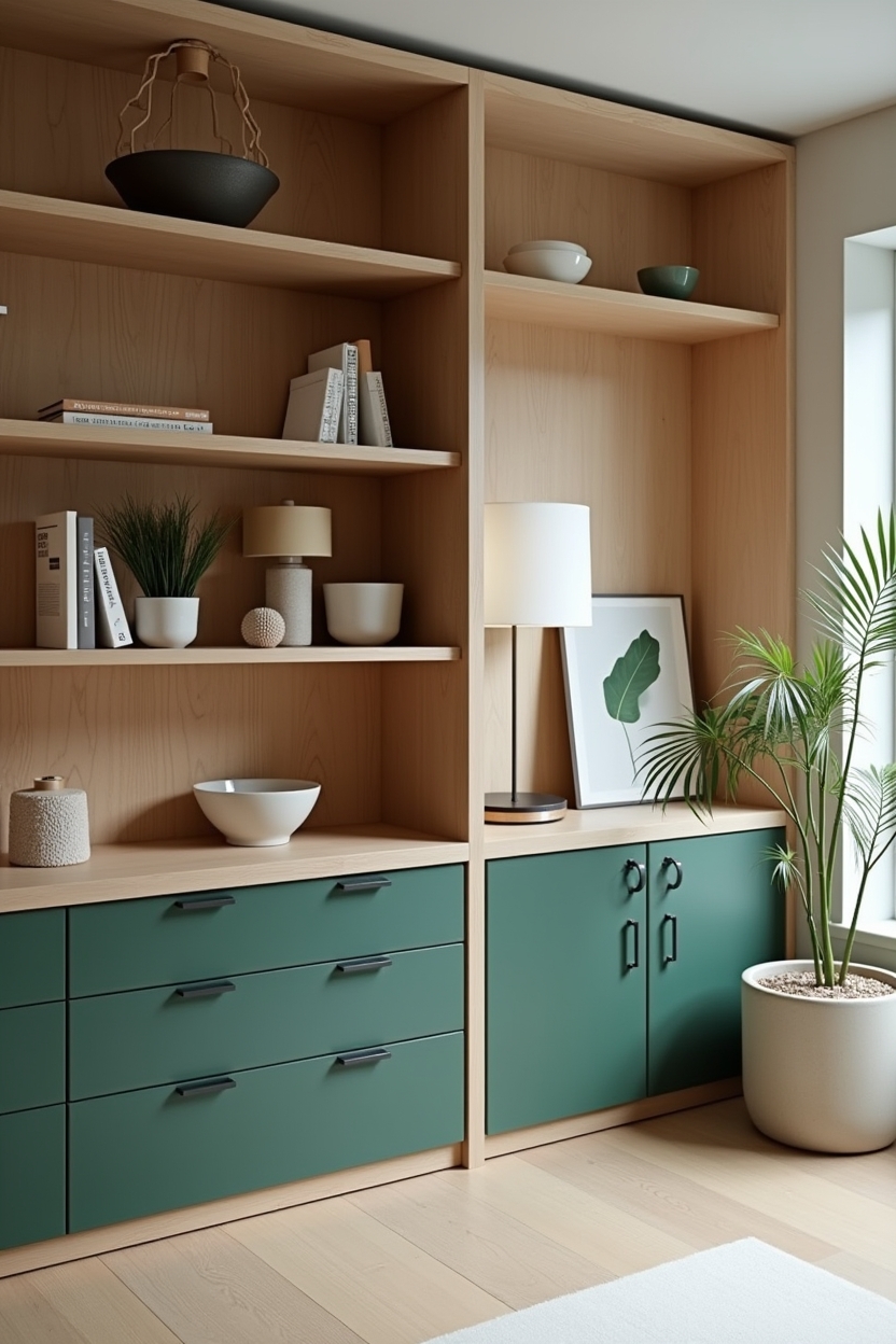 deep green office built in ideas — deep-green lower drawers paired with raw oak cubbies above featuring two-tone built-in shelving: deep-green base drawers with raw oak upper cubbies