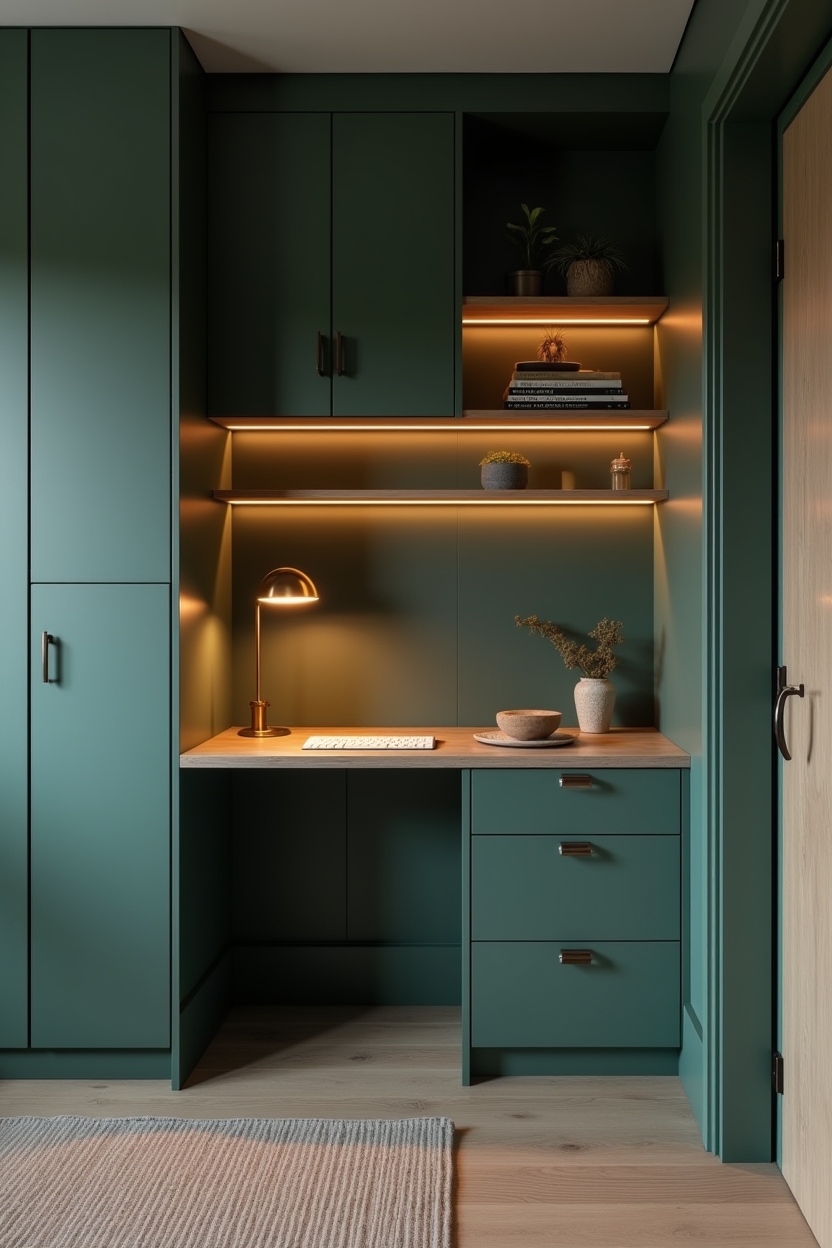 deep green office built in ideas — matte deep-green paneled wall with integrated desk ledge featuring floor-to-ceiling matte deep-green paneled desk wall with integrated desk ledge