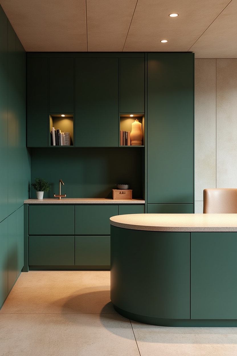 deep green office built in ideas — terrazzo-topped curved desk return featuring softly curved built-in desk wrapping into a terrazzo-topped return