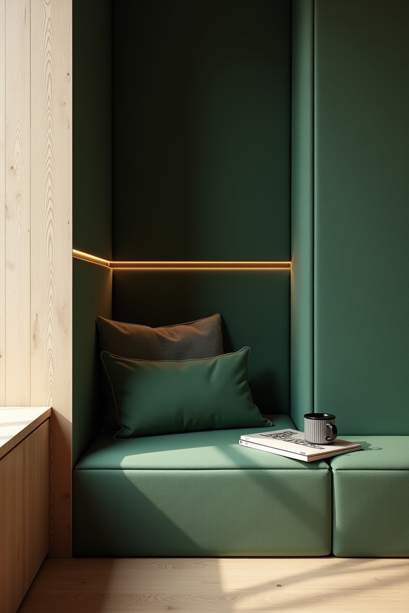 deep green office built in ideas — built-in deep green alcove bench with LED halo lighting featuring sculptural deep-green alcove with integrated dimmable halo LED lighting
