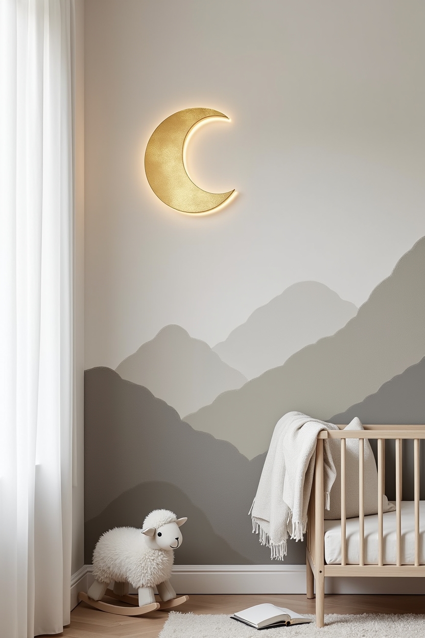 limewash luxury nursery decor — gold-leaf crescent nightlight featuring monochrome limewash mural with metallic nightlight
