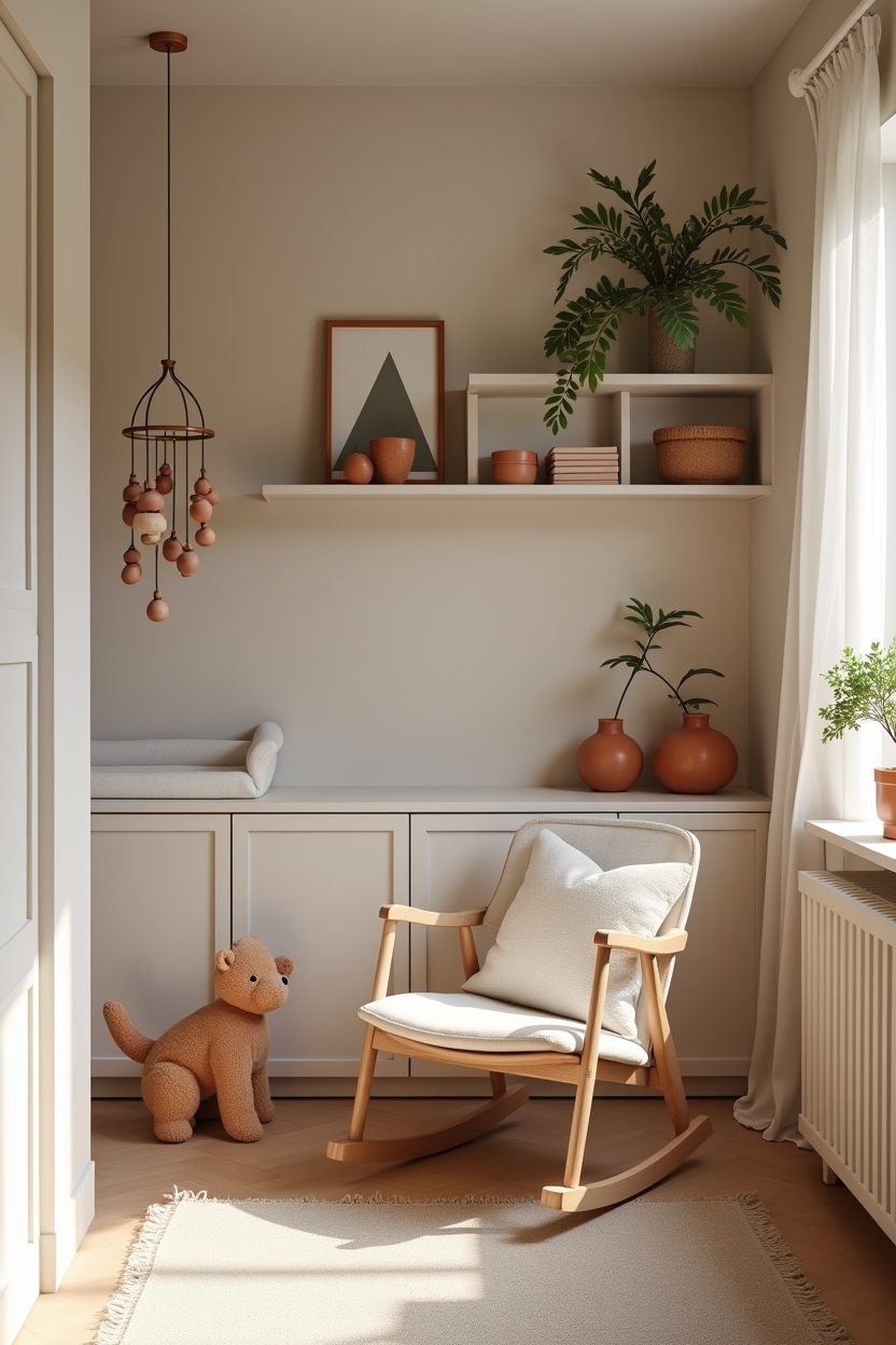 limewash luxury nursery decor — curved washed-walnut mid-century rocker featuring hand-formed terracotta and limewash ceramics