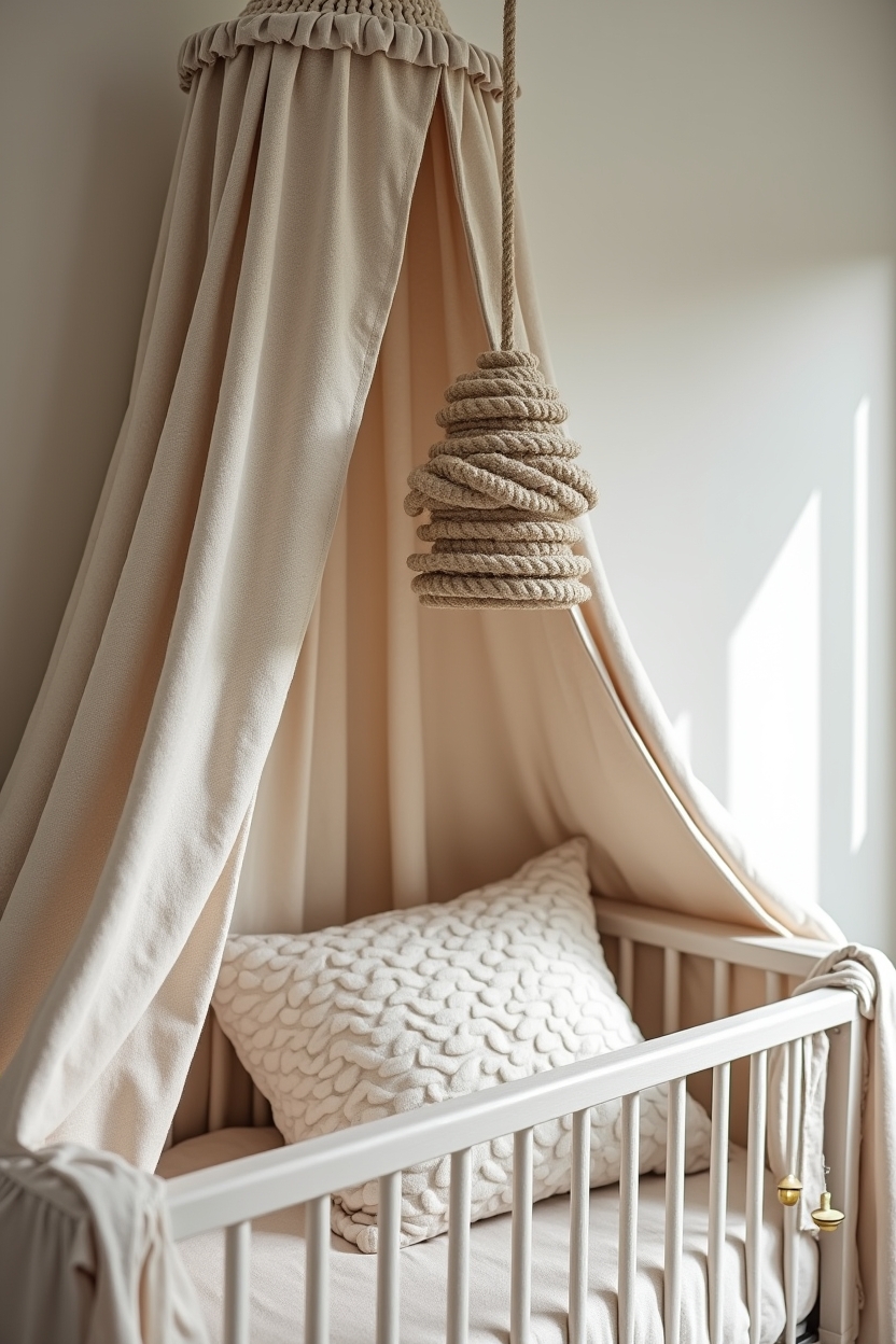 limewash luxury nursery decor — woven canopy over crib featuring woven slub-linen canopy with knotted rope sculptural pendant