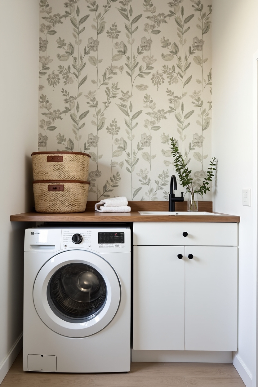 walnut cozy laundry room decor — botanical wallpapered wall with slim walnut ledge featuring oversized botanical wallpaper accent wall