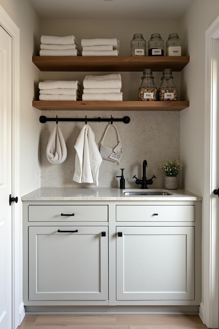 walnut cozy laundry room decor — matte-black wall rail with hooks and trays featuring matte-black rail system