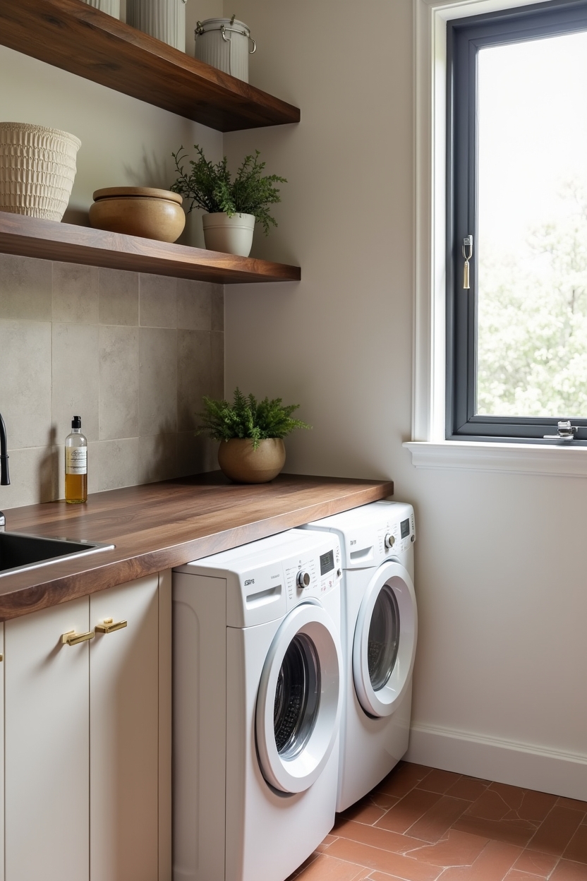 walnut cozy laundry room decor — walnut slab folding countertop featuring walnut folding countertop
