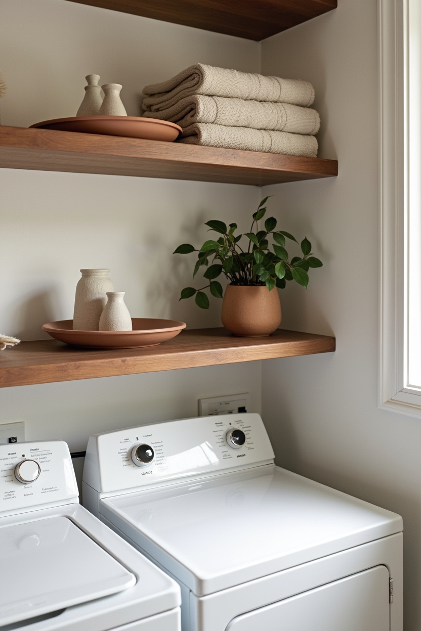 walnut cozy laundry room decor — walnut dryer shelf styled with terracotta trays featuring walnut dryer shelf plant vignette