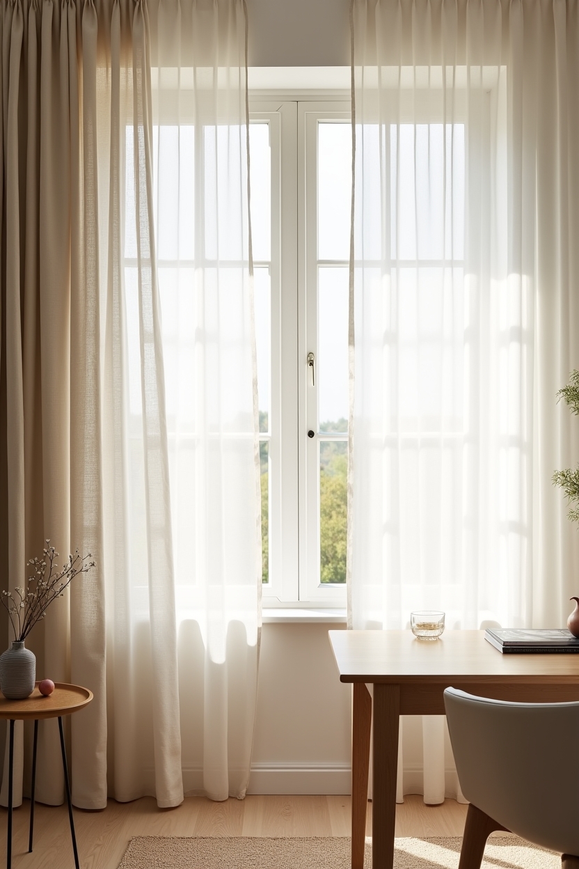 understated modern home office decor — semi-sheer linen curtain paired with fine voile featuring layered_sheer_curtains