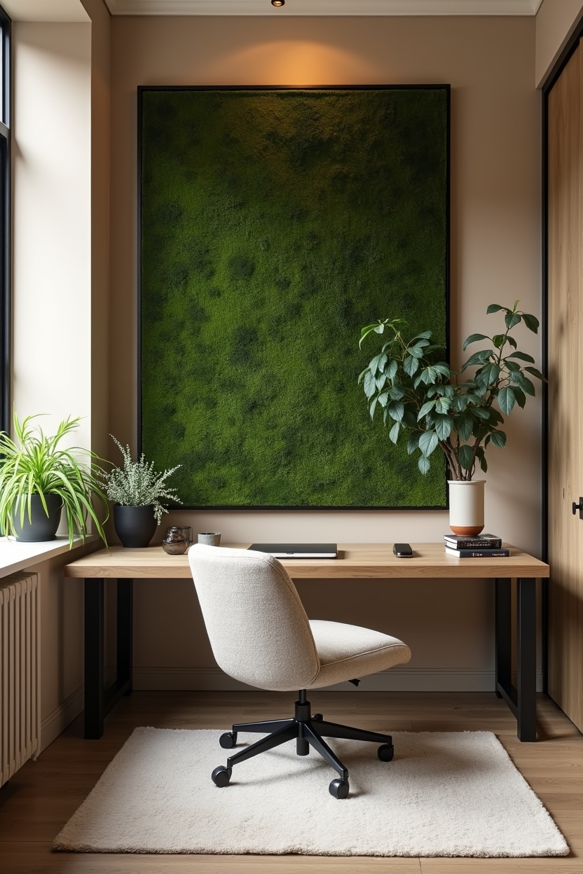 understated modern home office decor — preserved flat moss panel in thin black frame featuring preserved_moss_panel