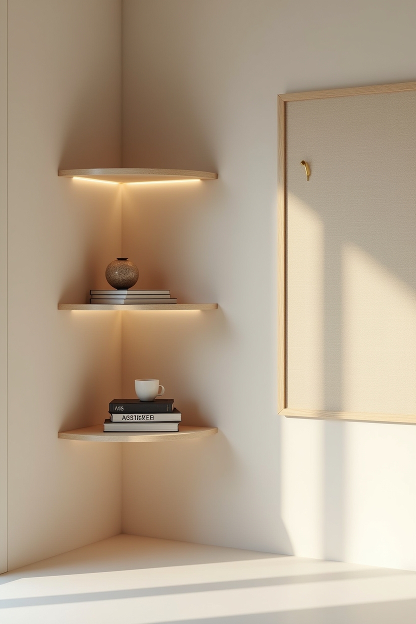 understated modern home office decor — half-moon blond shelf featuring blond_curved_shelving