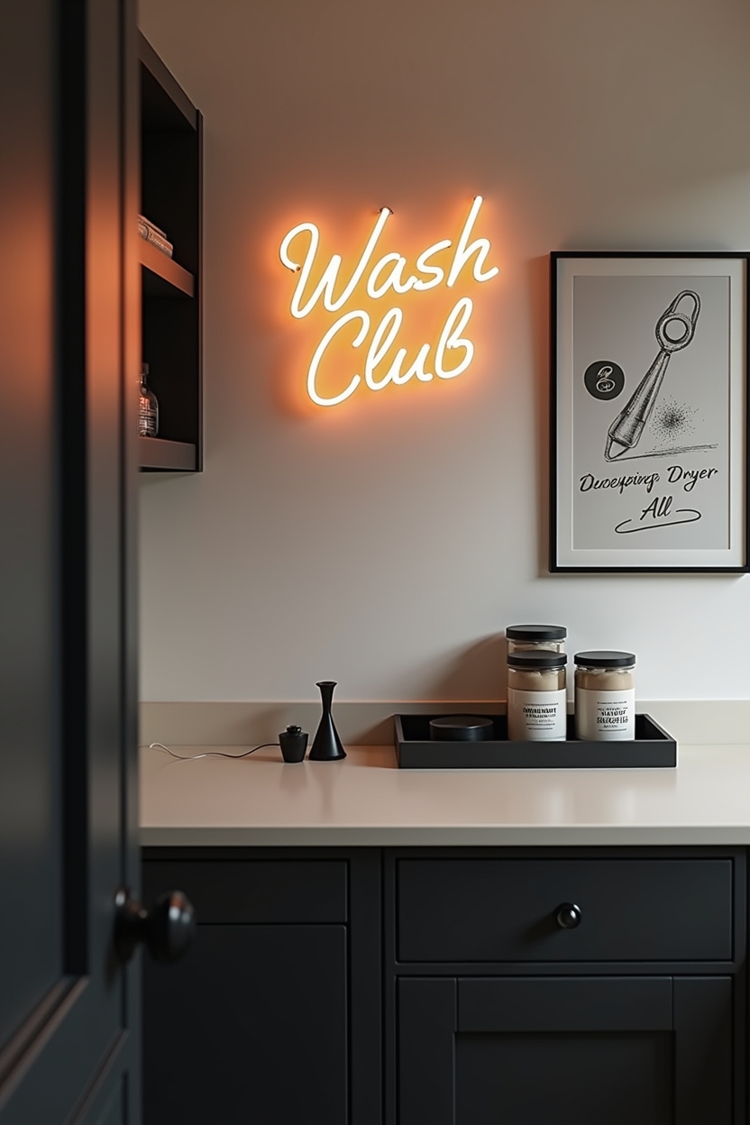 soft black laundry room countertop ideas — neon pastel 'Wash Club' style sign featuring matte soft black counter with neon pastel sign composition