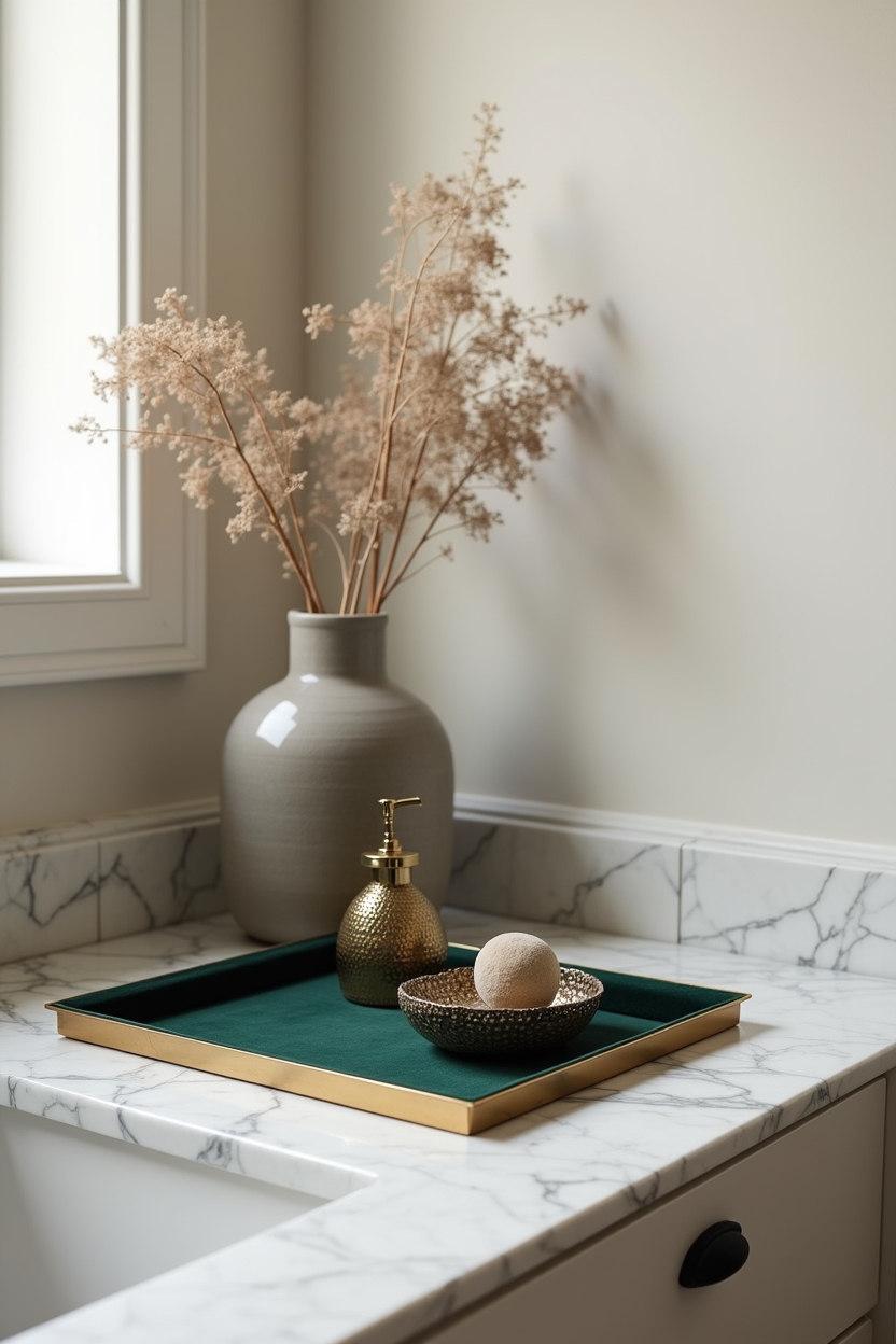 soft black laundry room countertop ideas — thin gilt-edged countertop featuring soft black marble-look counter with hand-applied gilt edge