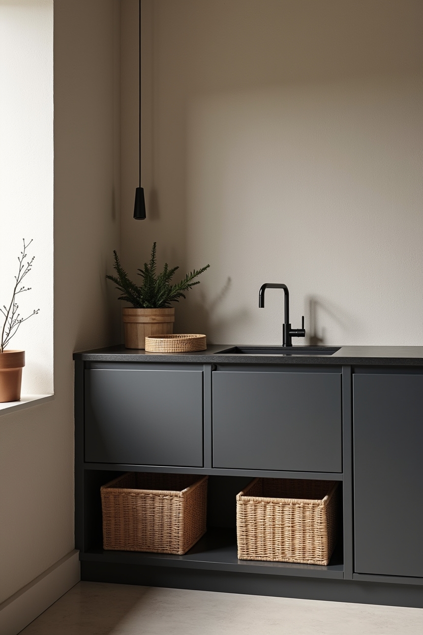 soft black laundry room countertop ideas — woven rattan tray featuring matte soft black quartz countertop with rattan staging