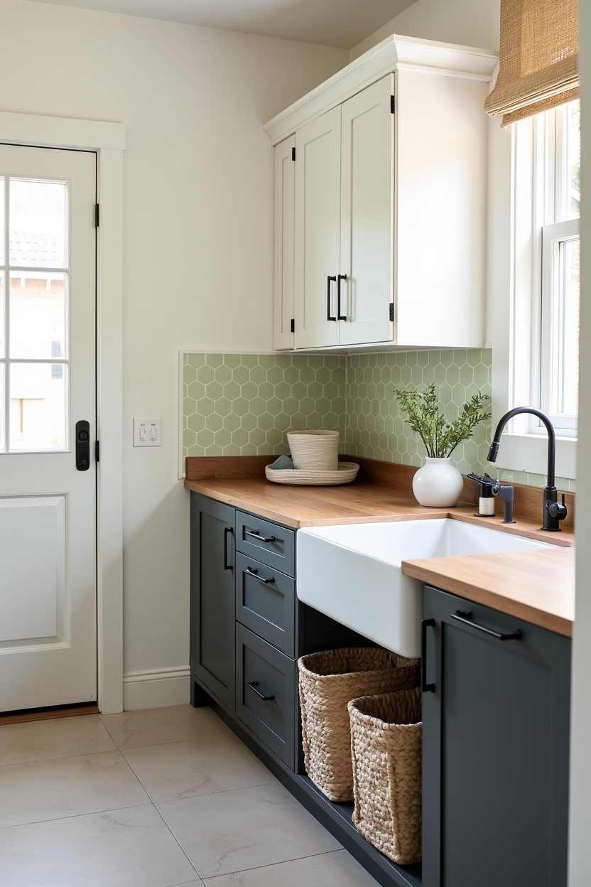 soft black laundry room countertop ideas — chamfered-edge charcoal butcher block featuring glazed charcoal-stained butcher block countertop