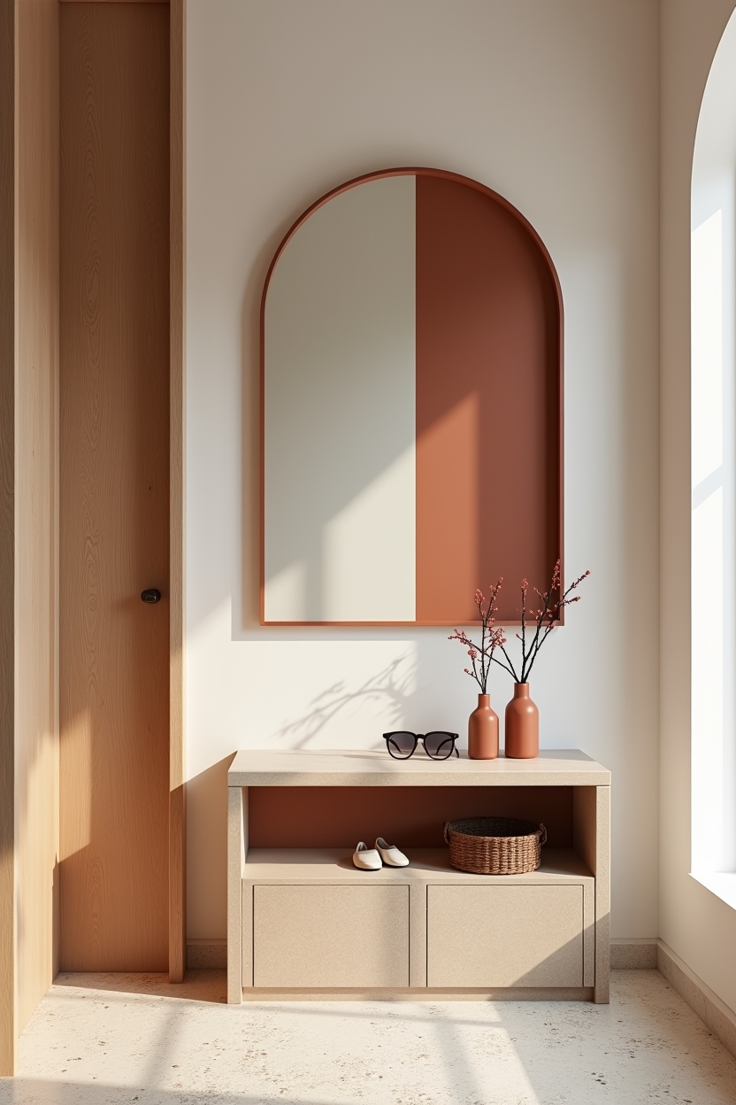 smart storage entryway mirror ideas — asymmetrical color-block mirror featuring sculptural asymmetrical color-block mirror with recessed catch-all niche